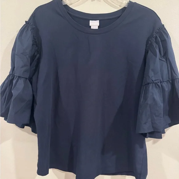 Chico's Womans T Shirt Navy Ruffle Flutter Sleeves Stretch Size 2 (Large) - Picture 1 of 7